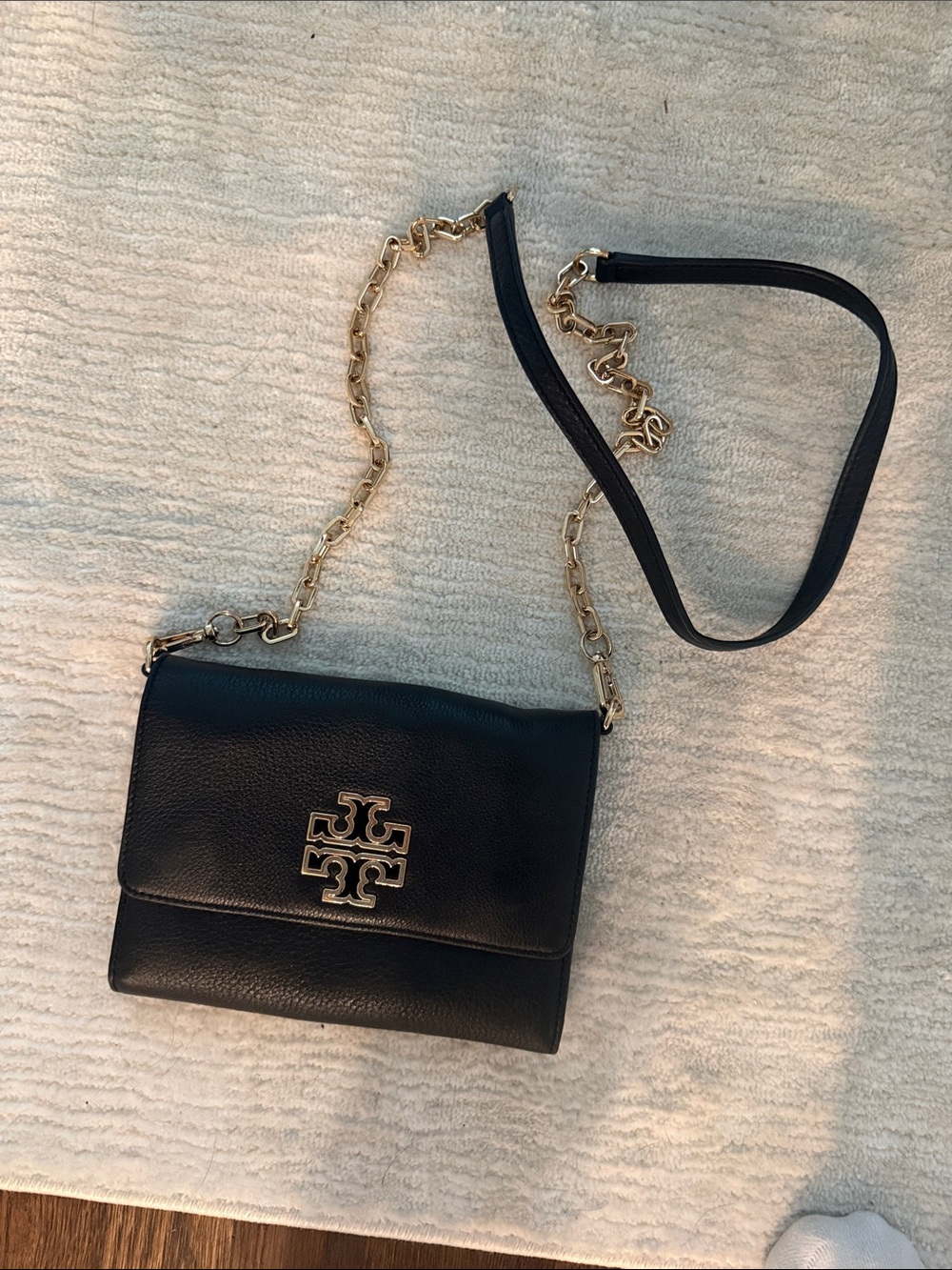 Tory Burch Black Leather Crossbody with Gold Logo and Chain